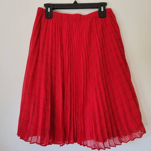 ELLE Red Pleated Midi Skirt Polka Dot Grid Print Size M - Picture 7 of 8